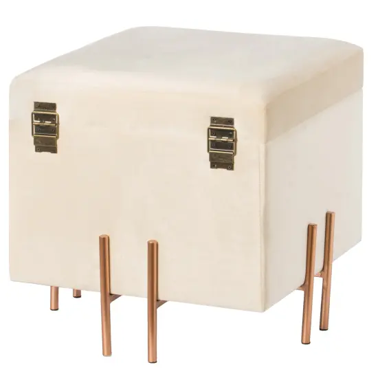 Square Velvet Storage Ottoman with Rose Gold Legs Ivory {6}