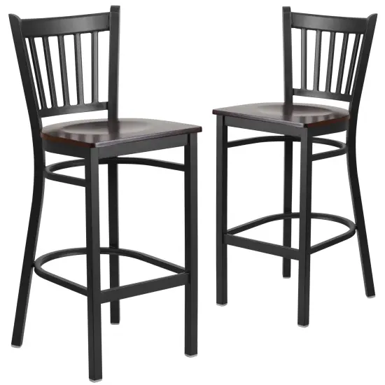 Emma and Oliver 2 Pack Vertical Back Metal Restaurant Barstool Walnut/BlackMetal {1}