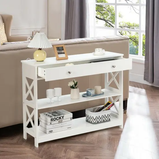 3-Tier Console Table with Drawers for Living Room Entryway White {6}