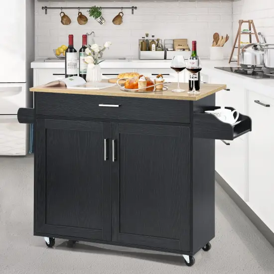 Rolling Kitchen Island Cart with Towel and Spice Rack Black {6}