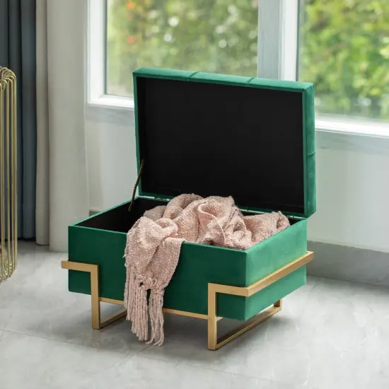 Rectangle Velvet Storage Ottoman Stool Box with Abstract Golden Legs | Decorative Sitting Bench for Living Room Home Decor with Unique Base Support Green Small {2}