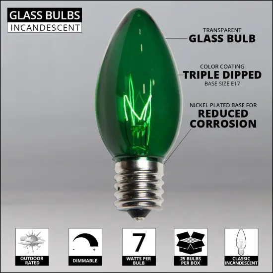 25 Bulbs - C9 Triple Dipped Transparent Green, 7 Watt lamp {2}