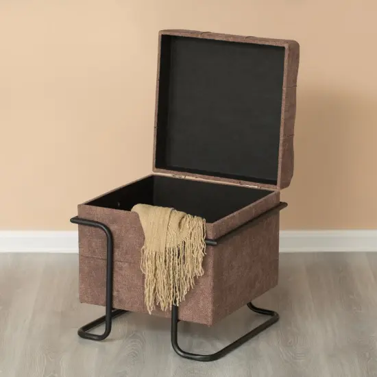 Square Fabric Storage Ottoman with Black Metal Frame Brown {4}