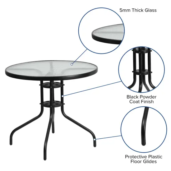 Emma and Oliver 31.5" Round Tempered Glass Metal Table with Smooth Ripple Design Top Clear/Black {2}