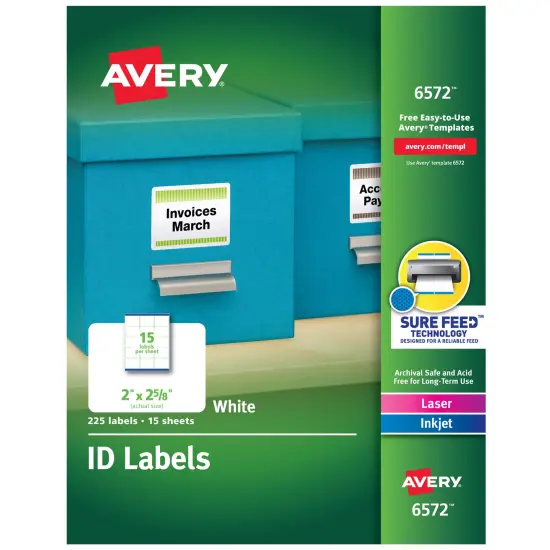 Avery ID Labels, Sure Feed Technology, Permanent Adhesive, 2" x 2-5/8", 225 Labels (6572) {1}