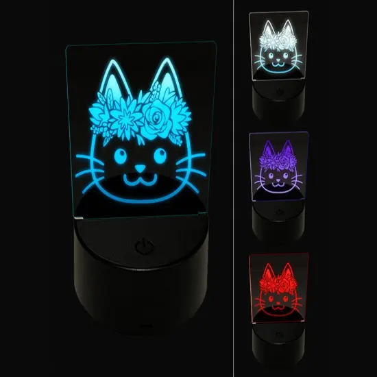 Cat Wearing a Flower Crown 3D Illusion LED Night Light Sign Nightstand Desk Lamp {1}