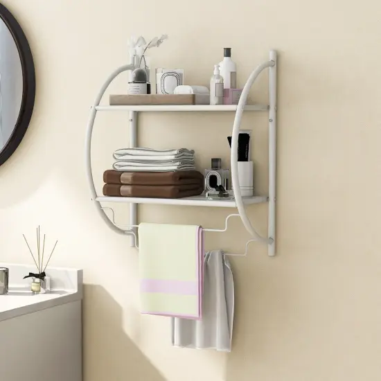 Costway Wall Mounted Bathroom Shelf with 2 Tier Bathroom Towel Rack 2 Towel Bars for Hotel White/Sliver {9}
