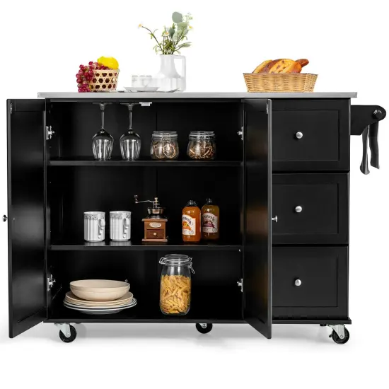 Kitchen Island 2-Door Storage Cabinet with Drawers and Stainless Steel Top Black {6}