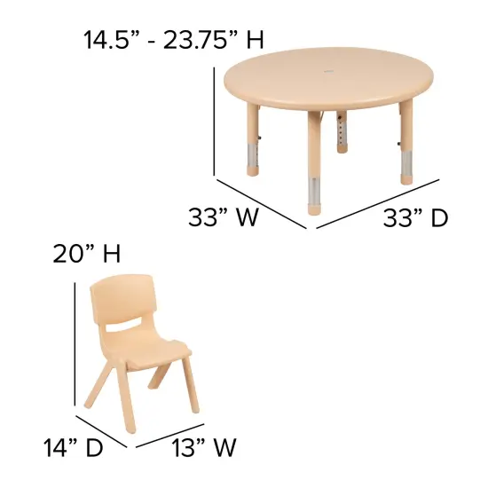 Emma and Oliver 33" Round Plastic Height Adjustable Activity Table Set with 2 Chairs Natural {5}