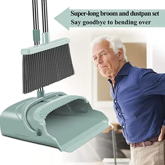 Kelamayi 2021 Upgrade Broom and Dustpan Set, Large Size and Stiff Broom Dust pan with Long Handle, Upright ,Ideal for Indoor Outdoor Garage Kitchen Room Office Lobby Use (Green) {5}