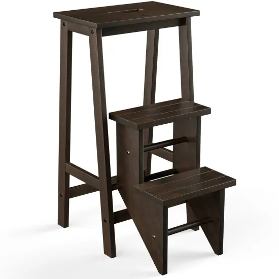 3-in-1 Rubber Wood 3 Tier Folding Step Stool Ladder Storage Shelf Brown {2}
