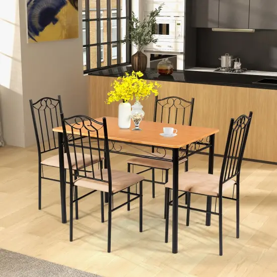 5 Pieces Dining Set Wooden Table and 4 Cushioned Chairs Set with Steel Tube {3}