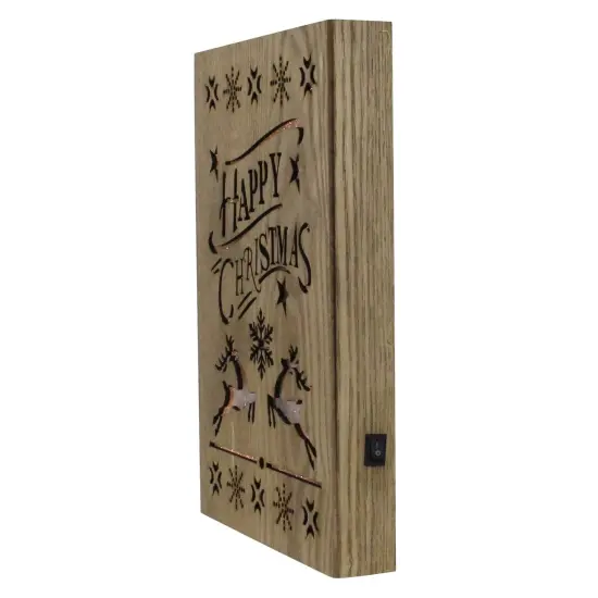 Gerson 10" Lighted Wooden "Happy Christmas" Christmas Wall Decoration Brown {4}