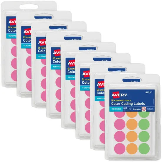 Avery Color-Coding Removable Labels, 3/4 Inch Round Labels, Assorted Neon Colors, Non-Printable, 8 Packs, 2,520 Dot Stickers Total (21933) {1}