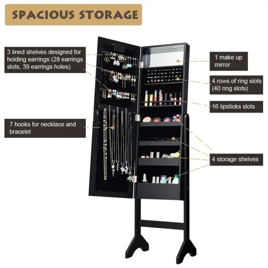 Freestanding Jewelry Organizer Cabinet Armoire with LED Lights and Full Length Mirror Black {6}