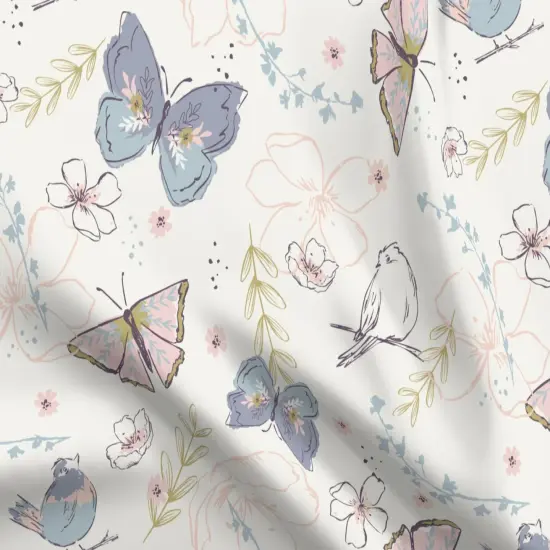 Various Fabrics by the Yard or Fat Quarter Garden Butterfly Songbird Pastel Pink Purple Botanical Whimsical Soft Pastels Floral Custom Printed Fabric by Spoonflower {5}