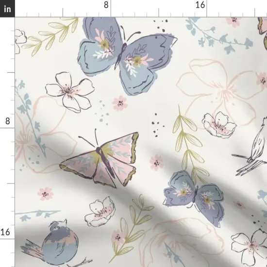 Various Fabrics by the Yard or Fat Quarter Garden Butterfly Songbird Pastel Pink Purple Botanical Whimsical Soft Pastels Floral Custom Printed Fabric by Spoonflower {2}