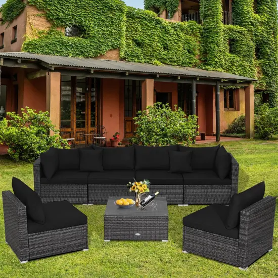 7 Pieces Patio Rattan Furniture Set with Sectional Sofa Cushioned-Black {6}