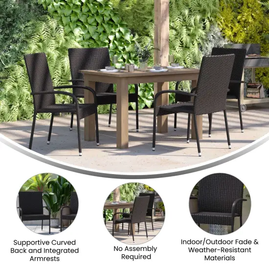 Merrick Lane Set of Mathias Indoor/Outdoor Black Wicker Patio Chairs with Powder Coated Steel Frame, Comfortably Curved Back and Arms Gray {7}