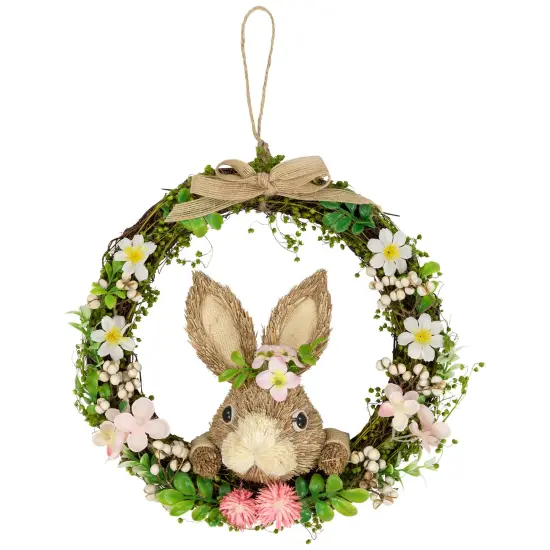 Northlight Spring Floral Easter Wreath with Peering Rabbit - 11" - Green and Pink Brown {1}