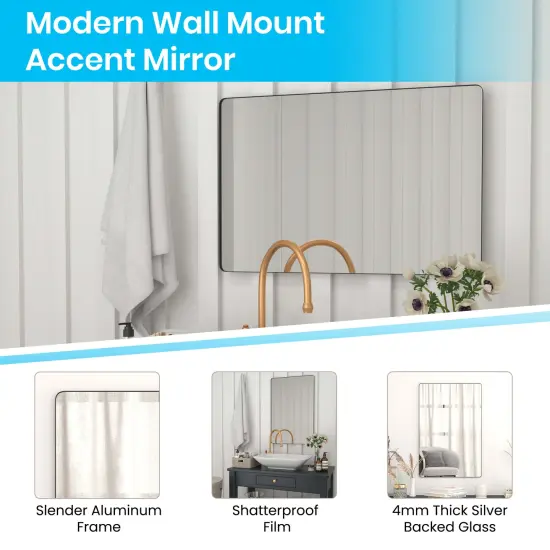 Merrick Lane Hanging Mirror Modern Metal Frame Bordered Wall Mount Mirror with Rounded Corners {2}