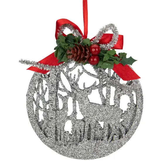 Northlight 2-D Glitter Reindeer Family Silhouette Christmas Ornament Disc - 4.5" - Silver {3}