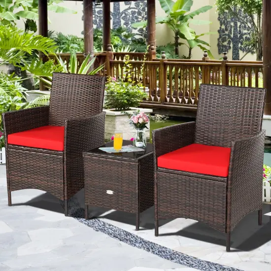 3 Pieces Patio Rattan Furniture Set Cushioned Sofa and Glass Tabletop Deck Red {2}