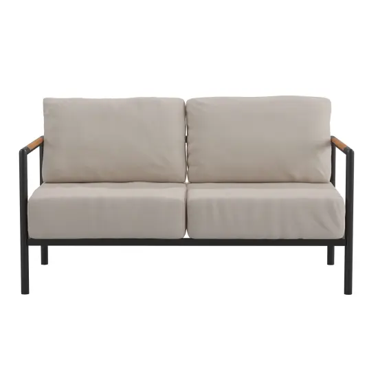 Merrick Lane Eastport Outdoor Loveseat with Removable Plush Fabric Cushions and Teak Accented Aluminum Frame Light Gray {3}