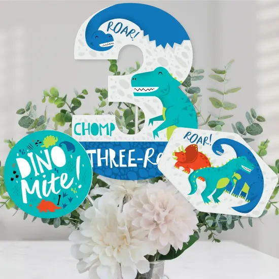 Big Dot of Happiness 3rd Birthday Roar Dinosaur - Three Rex Dino Third Birthday Party Centerpiece Sticks - Table Toppers - Set of 15 {1}