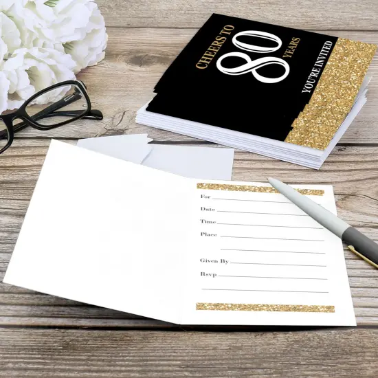 Big Dot of Happiness Adult 80th Birthday - Gold - Fill-In Birthday Party Invitations (8 count) {6}