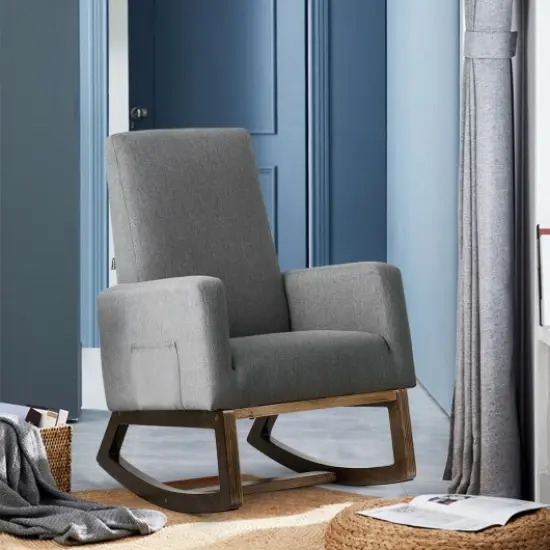 Ergonomic Fabric Upholstered Rocking Chair High Back, Breathable Cloth, Plywood Base Grey {3}