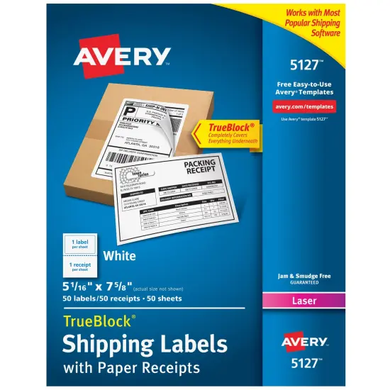 Avery Shipping Labels w/ Paper Receipts, TrueBlock Technology, Permanent Adhesive, 5-1/16" x 7-5/8", 50 Labels (5127) {1}