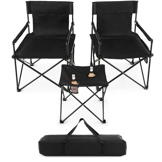 Outdoor Folding Camping Chairs And Table Set With Carrying Bag-Black {4}