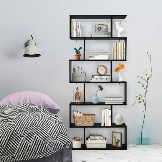 6 Tier S-Shaped Bookshelf Storage Display Bookcase Decor Z-Shelf Black {3}