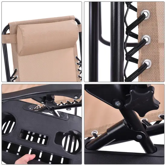 Costway 2PCS Zero Gravity Chairs Lounge Patio Folding Recliner Beige W/Cup Holder {4}