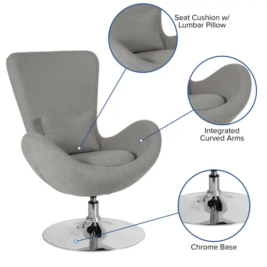Merrick Lane Soro High-Back Egg Style Lounge Chair With 360&deg; Swivel Metal Base Light Gray Fabric {2}