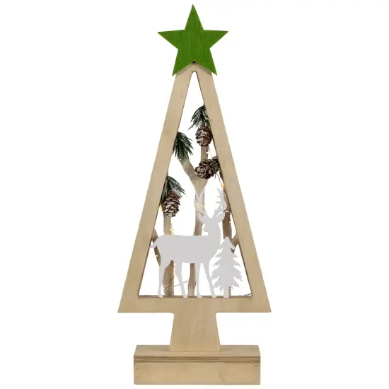 Northlight Lighted Wooden Christmas Tree with Star and Reindeer Woodland Scene - 15" Ivory {1}