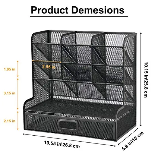Mesh Desk/ Desktop Stationary Organizer, Multi-Functional Pen Holder, Storage Rack for School Home Office Art Supplies (Black Mesh Pen Holder with Drawer) {1}