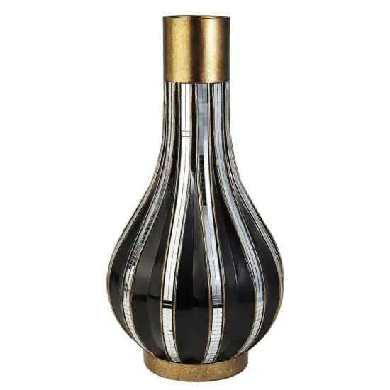 16.25" Tall Polyresin Decorative Vase, Gold finish with Mosaic Glass Stripes {1}