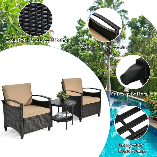 Costway 3PCS Patio Rattan Furniture Set Cushioned Sofa Storage Table W/ Shelf Garden {6}