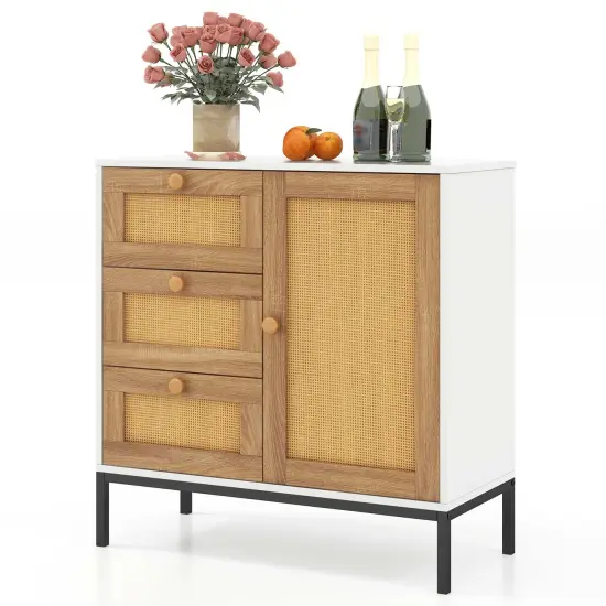 Costway Rattan Buffet Sideboard with 3 Drawers & 1 Door Sturdy Metal Legs Storage Cabinet {1}