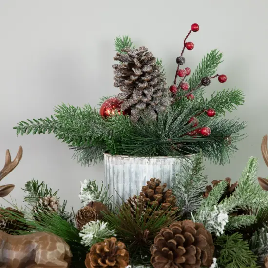 Northlight 12" Frosted Pine, Berries and Pine Cones Floral Arrangement in Tin Pot Green {4}