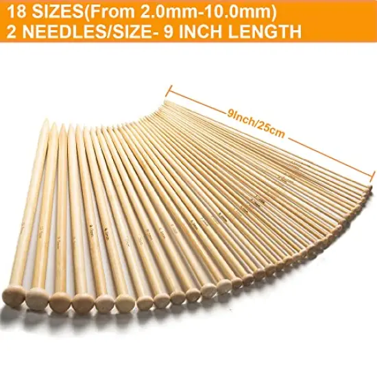 36PCS Bamboo Knitting Needles Set, BetyBedy Single Pointed Knitting Needles, 9 Inches Length Knitting Crochet Supplies for Beginners Handmade (18 Sizes from 2.0mm-10.0mm) {5}