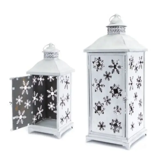 Melrose Set of 2 Large White Cut-Out Snowflake All-Weather Iron and Glass Christmas Candle Lanterns {3}