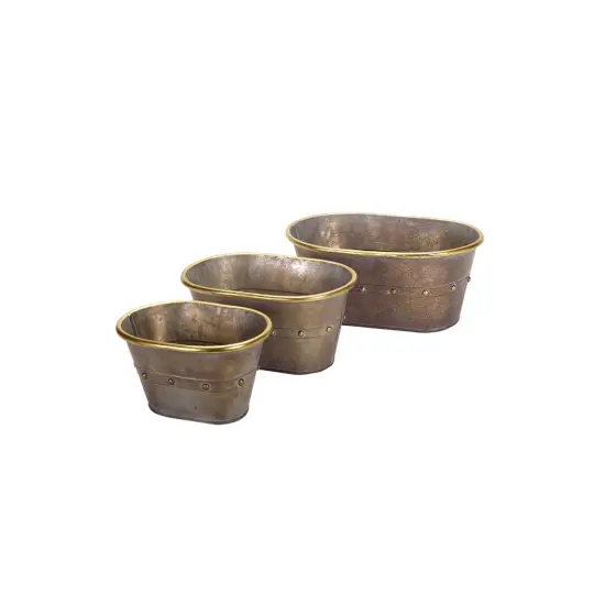 Melrose Set of 3 Decorative Tin Tubs with Gold Accents Table Top Decorations Silver {1}