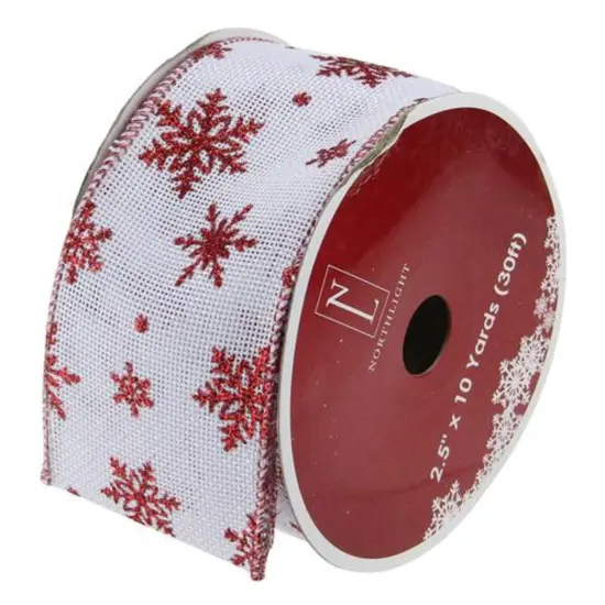 Northlight White and Red Snowflake Christmas Wired Craft Ribbon 2.5" x 10 Yards {5}