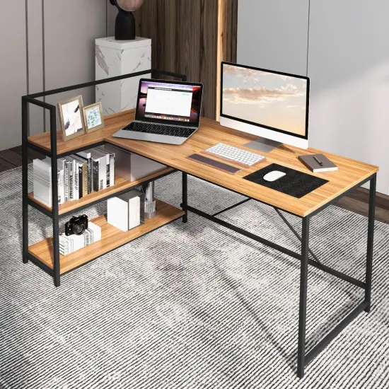 Reversible L Shaped Computer Corner Workstation with 3-Tier Open Shelf Walnut {2}