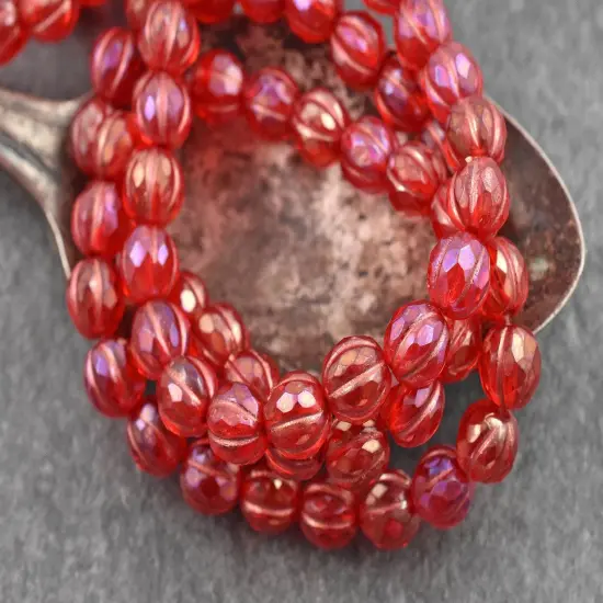 *20* 8mm Copper Washed Pink Lustered Ruby Red Faceted Round Melon Beads {3}