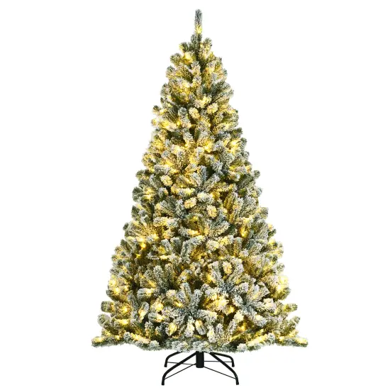 Costway 6ft Pre-lit Snow Flocked Hinged Christmas Tree w/ 928 Tips & Metal Stand {1}