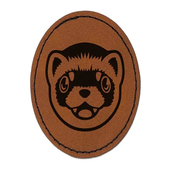 Cute Ferret Face Round Iron-On Engraved Faux Leather Patch Applique - 2.5" Brown {1}